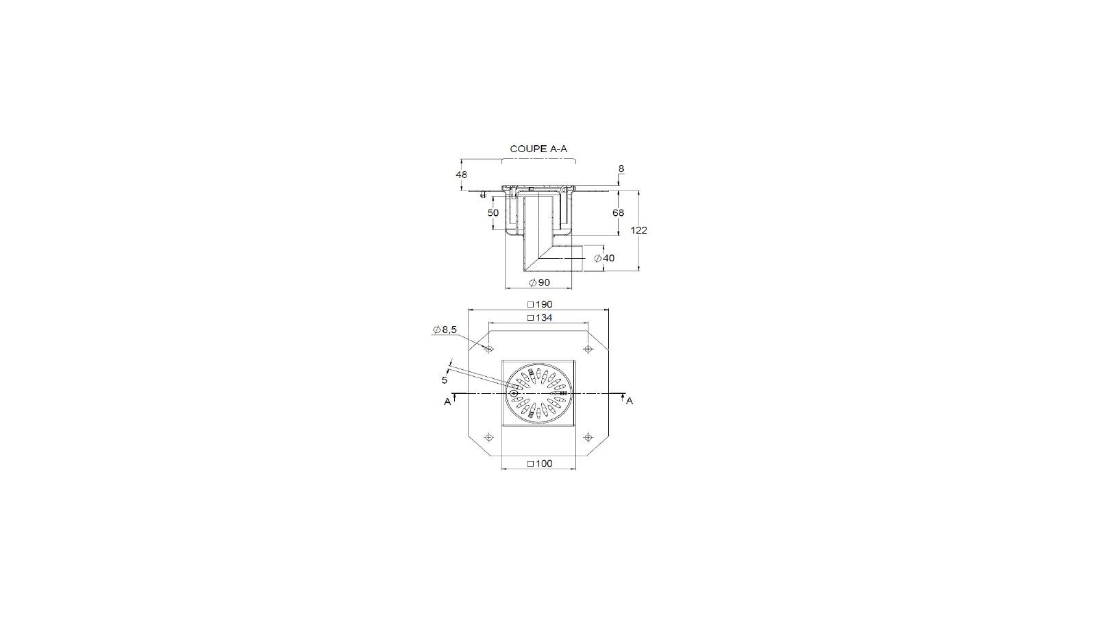 Schéma - 10401RBLDM - Floor drain trap 100x100 with a side outlet 40 mm Schéma - 10401RBLDM - Floor drain trap 100x100 with a side outlet 40 mm