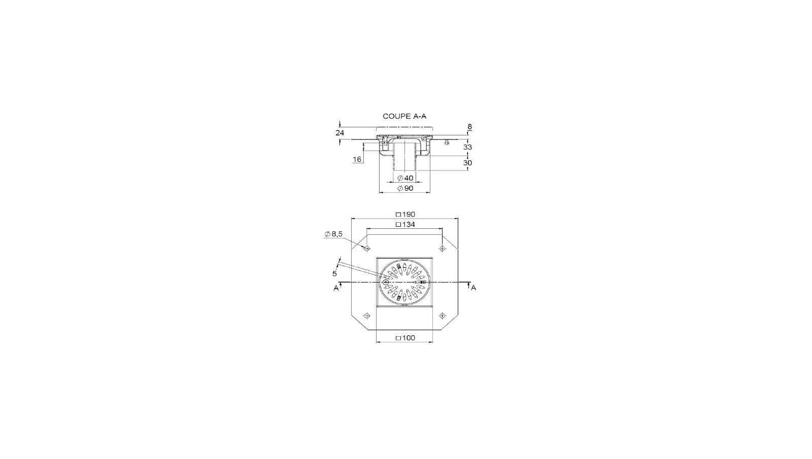 Schéma - 1040RBDM - Siphon Mixte 100x100 sortie verticale 40 mm Schéma - 1040RBDM - Siphon Mixte 100x100 sortie verticale 40 mm