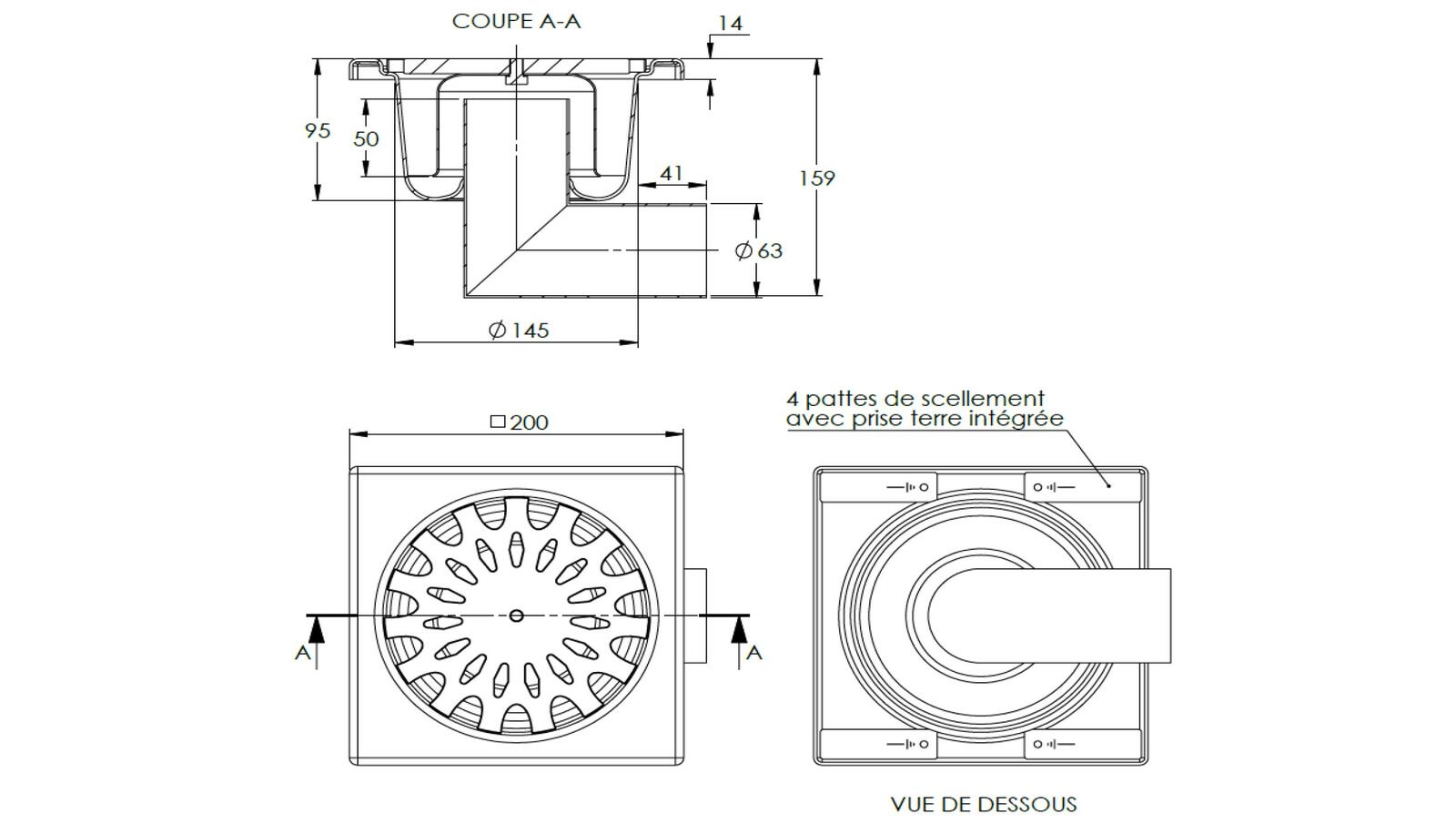 Schéma - 2063 - Siphon 200x200 sortie verticale 63 mm Schéma - 2063 - Siphon 200x200 sortie verticale 63 mm