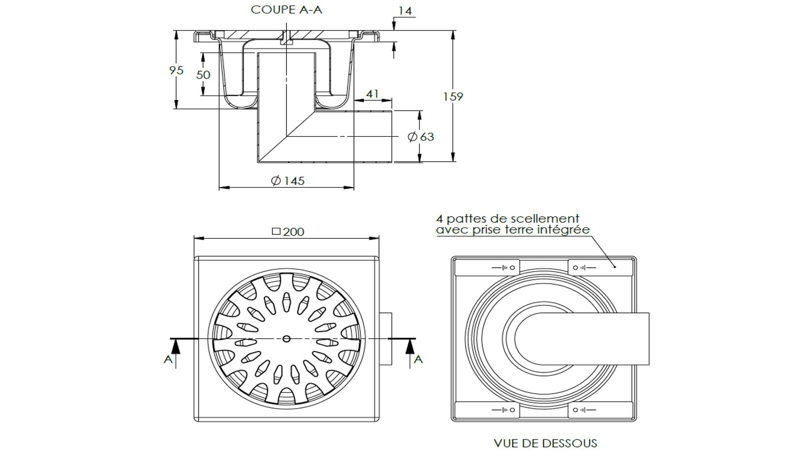 Schéma - 2063L - Siphon 200x200 sortie latérale 63 mm Schéma - 2063L - Siphon 200x200 sortie latérale 63 mm