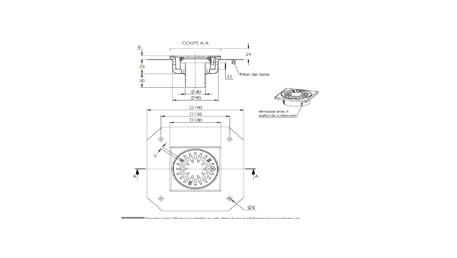 Schéma - 1040RBDM - Siphon Mixte 100x100 sortie verticale 40 mm Schéma - 1040RBDM - Siphon Mixte 100x100 sortie verticale 40 mm