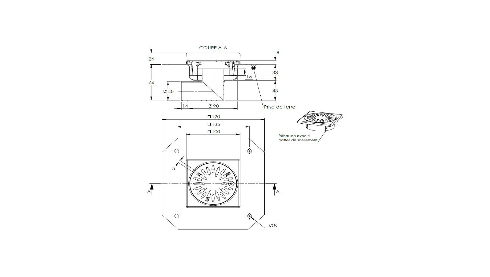 Schéma - 1040RBLDM - Siphon Mixte 100x100 sortie latérale 40 mm Schéma - 1040RBLDM - Siphon Mixte 100x100 sortie latérale 40 mm