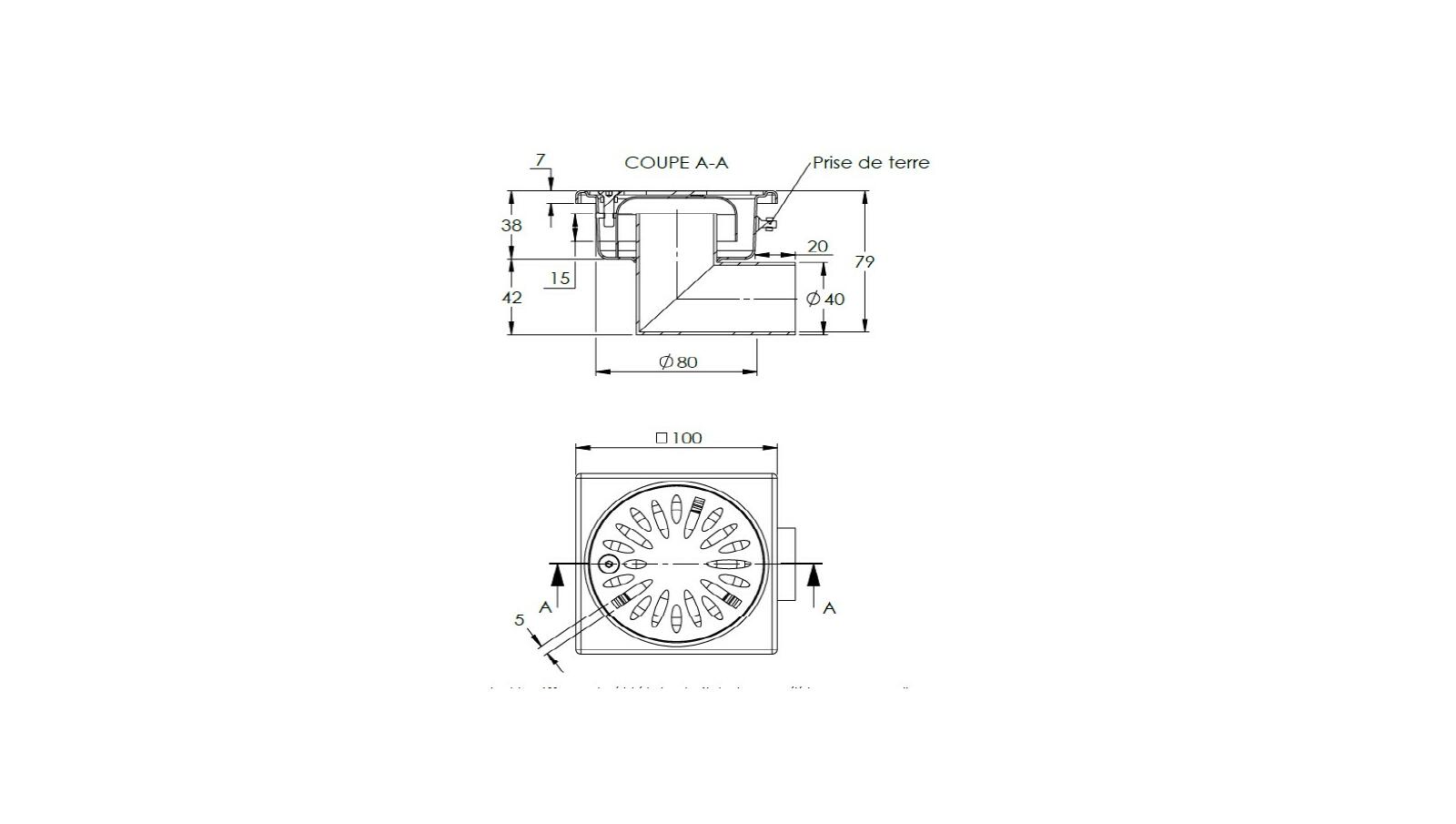 Schéma - 1040LM - Floor drain trap 100x100 with a side outlet 40 mm