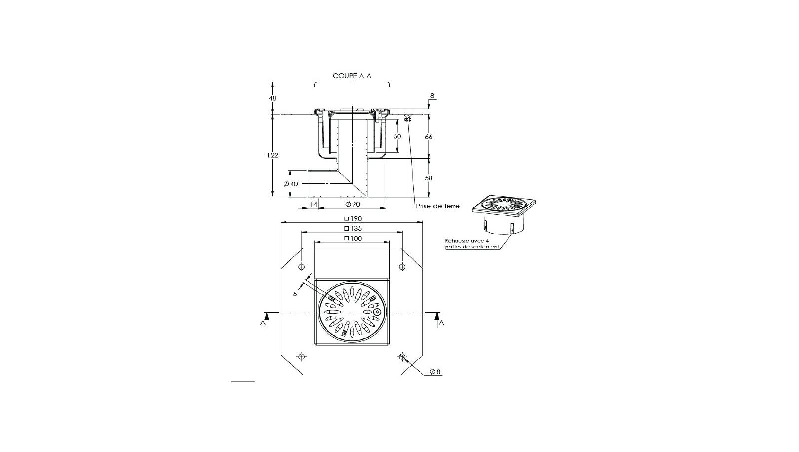 Schéma - 10401RBLDM - Siphon Mixte 100x100 sortie latérale 40 mm Schéma - 10401RBLDM - Siphon Mixte 100x100 sortie latérale 40 mm