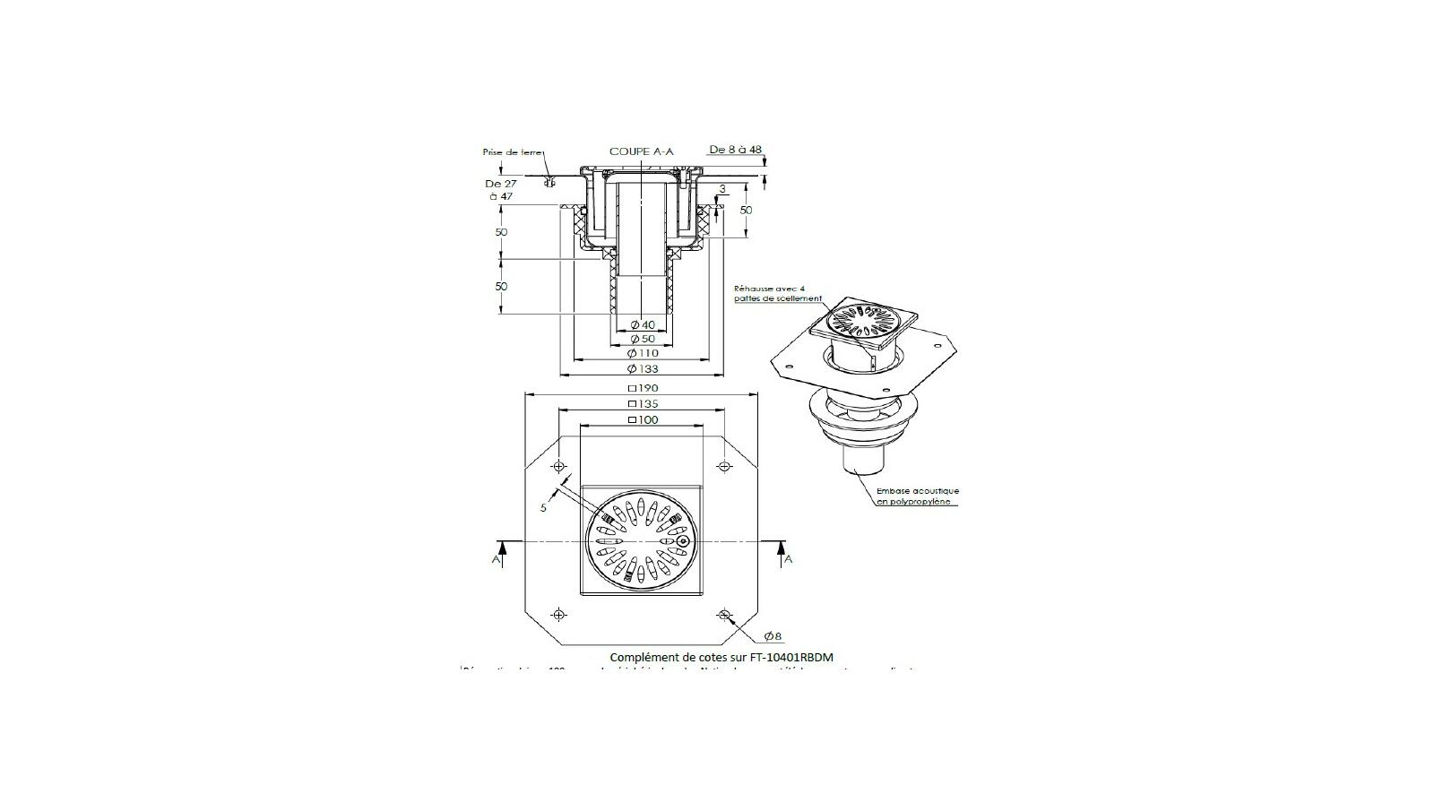 Schéma - 10501AK - Siphon 100x100 sortie verticale 50 mm Schéma - 10501AK - Siphon 100x100 sortie verticale 50 mm