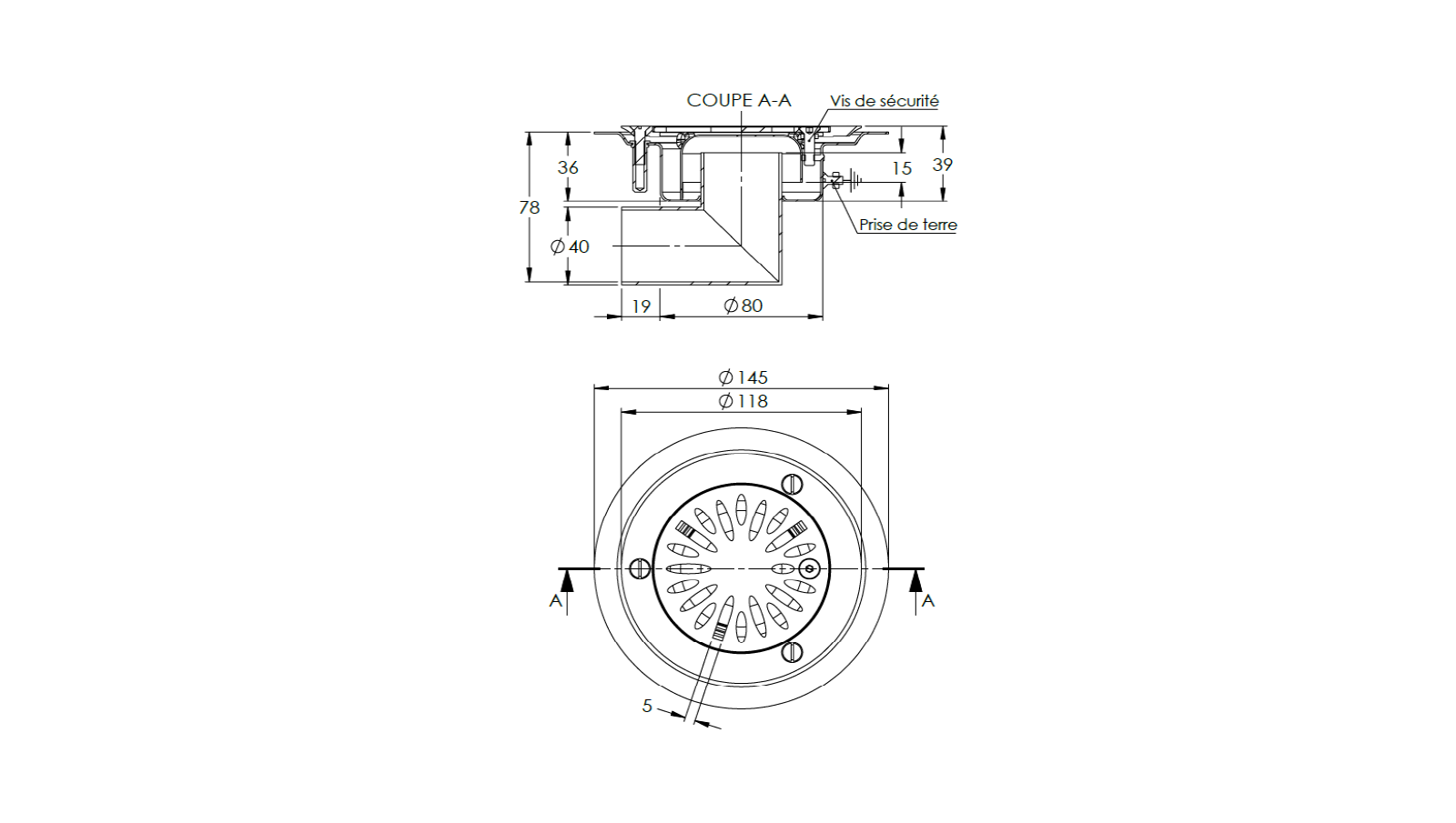 Schéma - 1440LM - Round floor drain trap Ø145 mm with a side outlet 40 mm