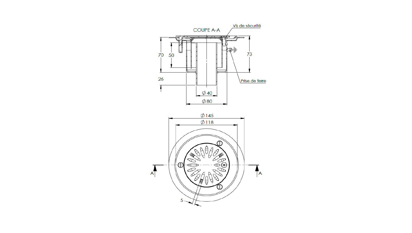 Schéma - 14401M - Siphon rond Ø 145 mm sortie verticale 40 mm