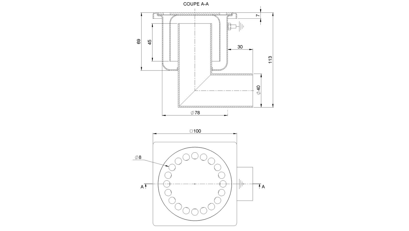 Schéma - 10401L - Siphon 100x100 sortie latérale 40 mm