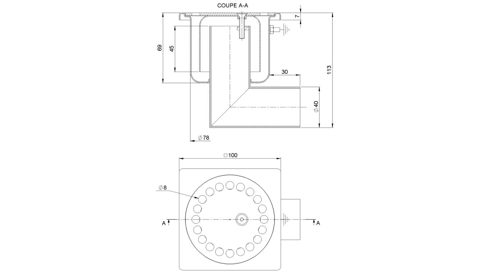 Schéma - 10401LV - Siphon 100x100 sortie latérale 40 mm