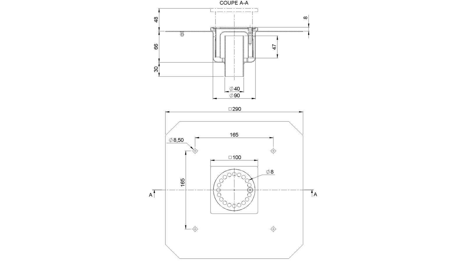 Schéma - 10401RBDV - Siphon 100x100 sortie verticale 40 mm