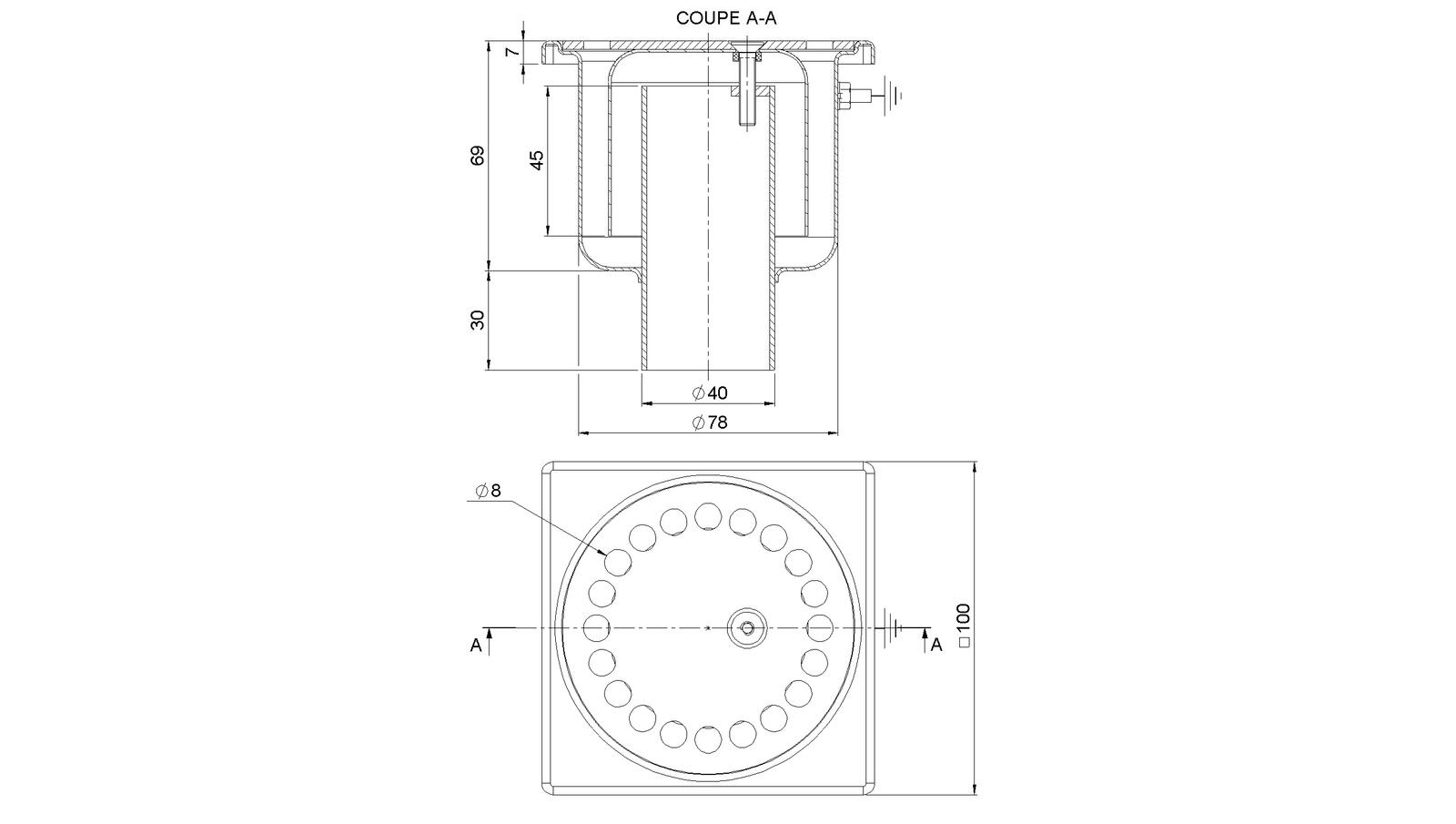 Schéma - 10401V - Siphon 100x100 sortie verticale 40 mm