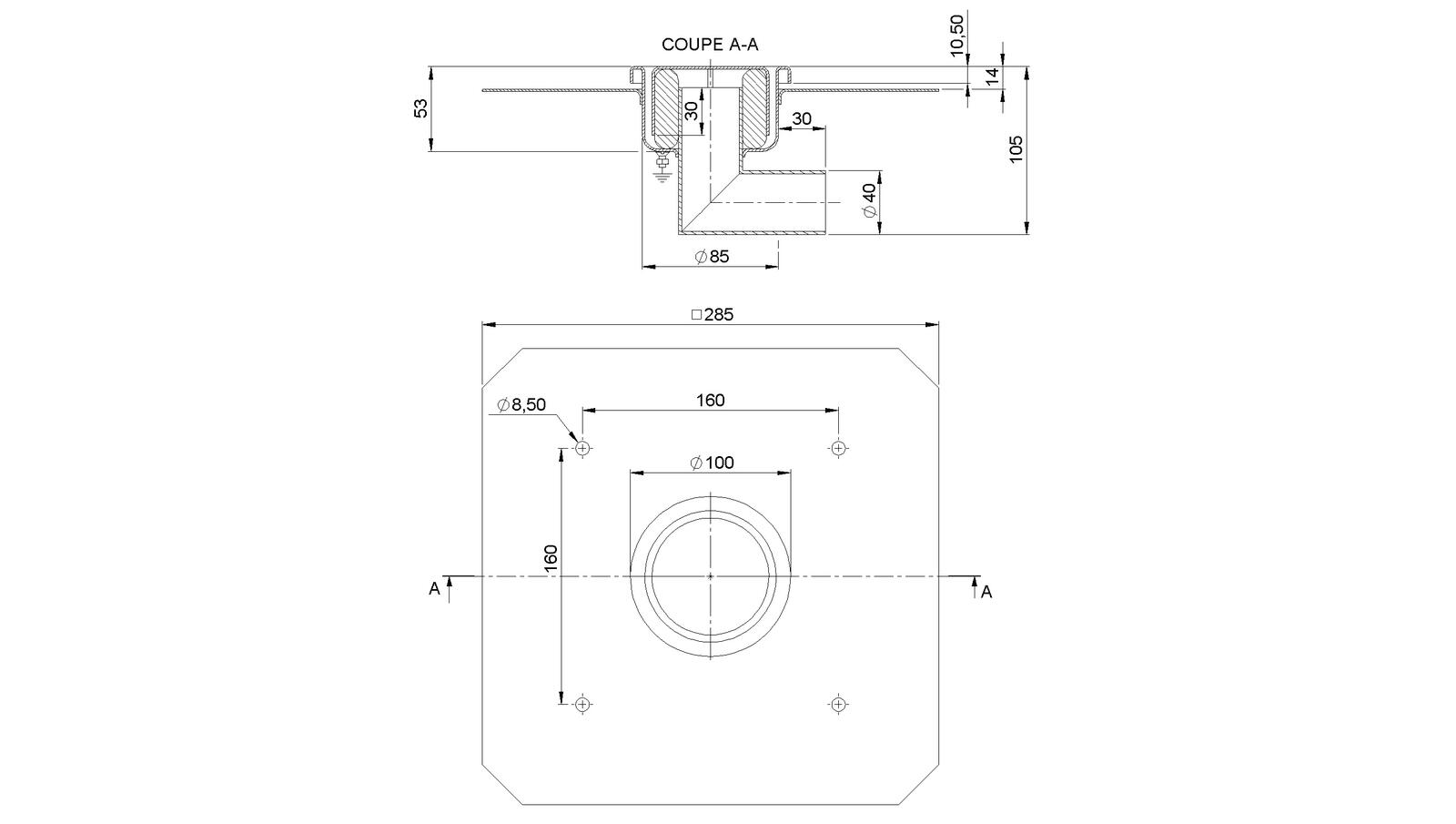 Schéma - 1040CFLD - Siphon rond Ø 100 mm sortie latérale 40 mm