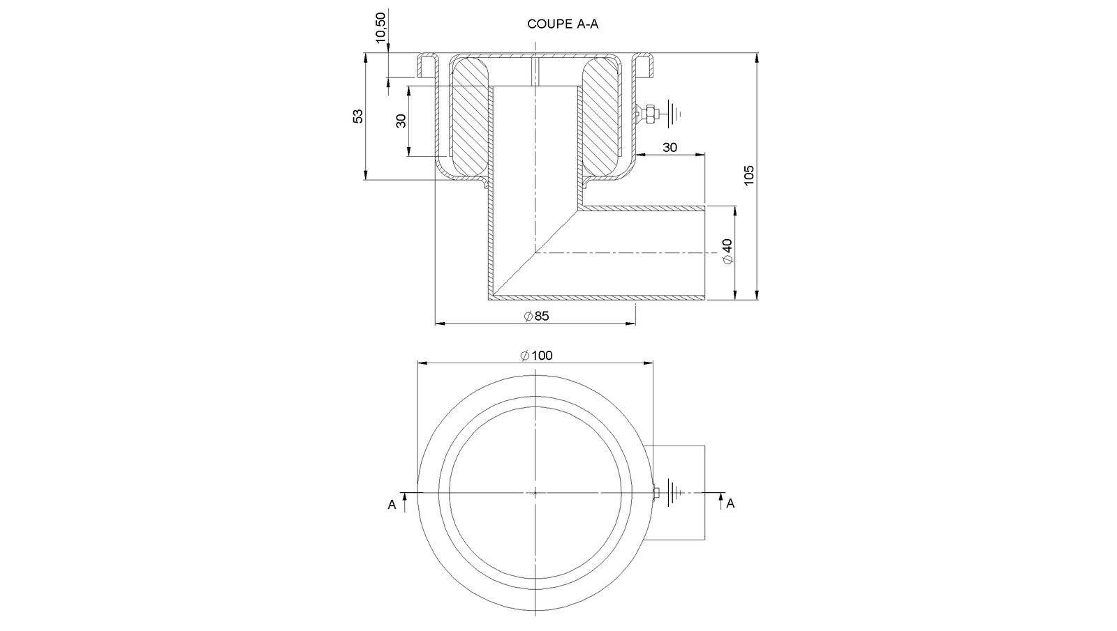 Schéma - 1040CFL - Round floor drain trap Ø100 mm with a side outlet 40 mm