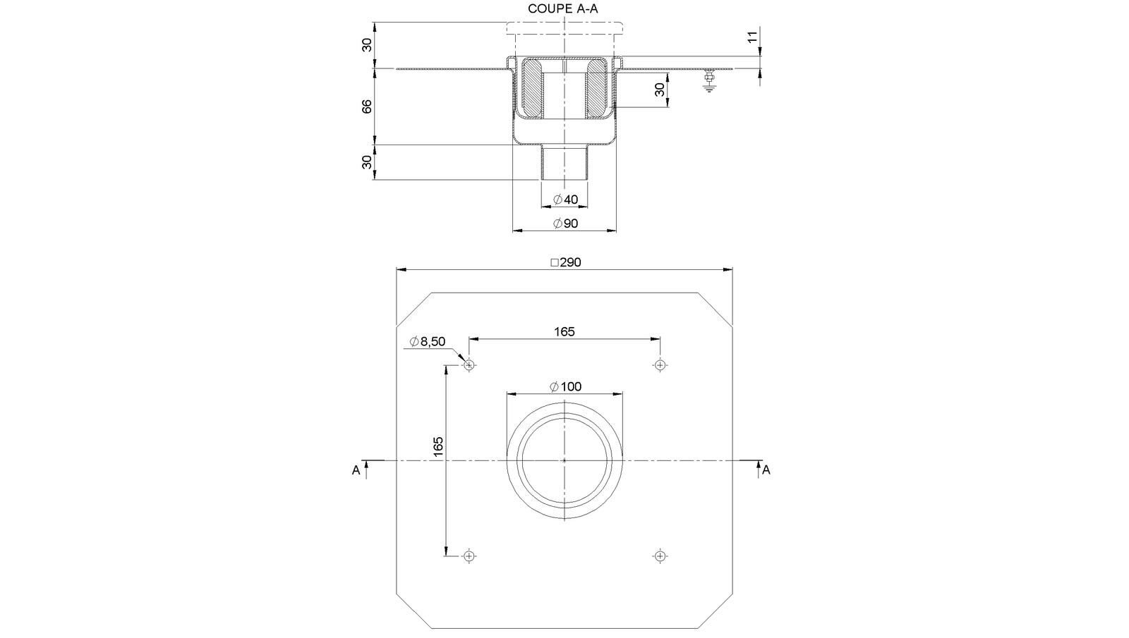 Schéma - 1040CFT - Siphon rond Ø 100 mm sortie verticale 40 mm