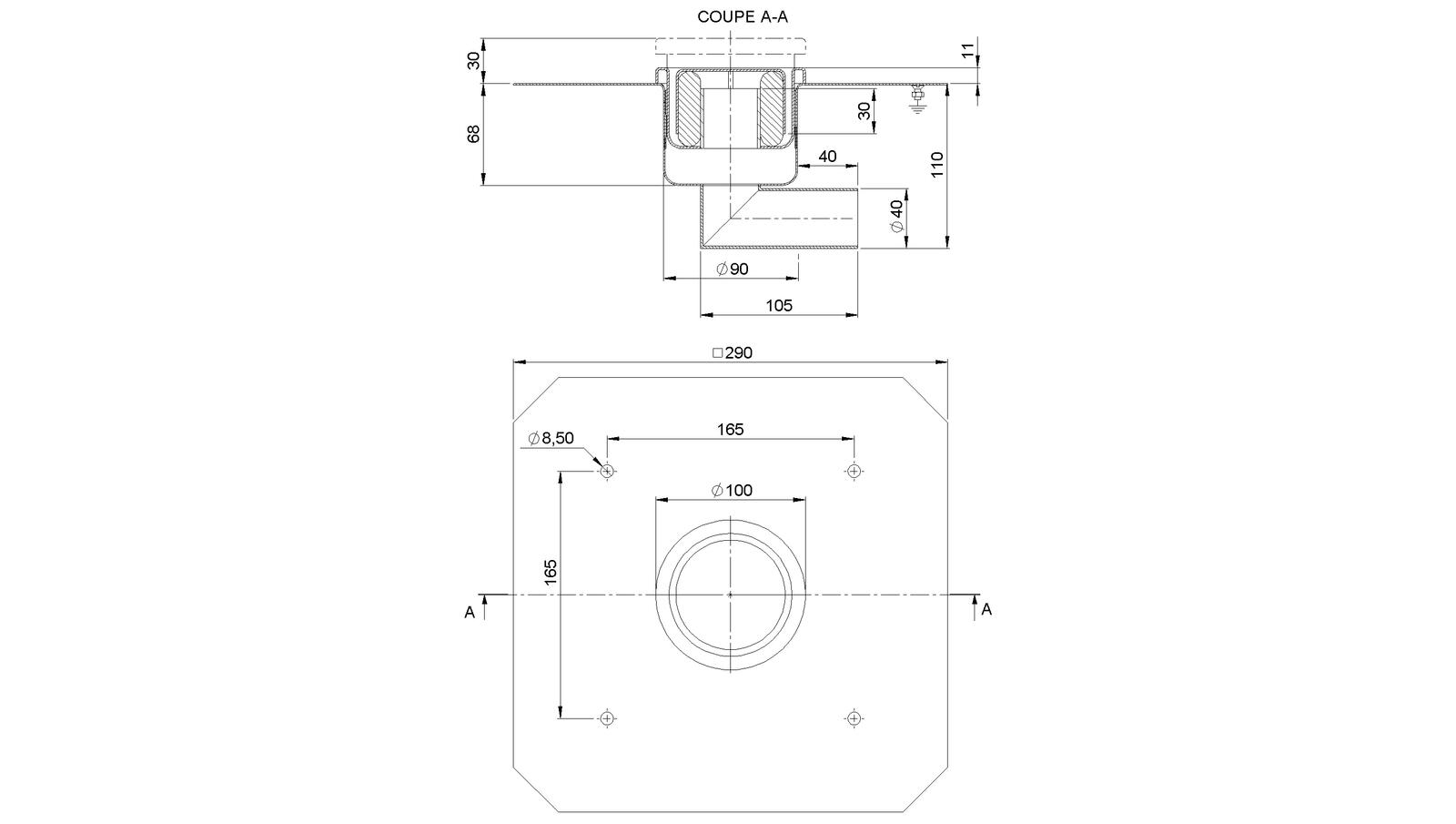 Schéma - 1040CFTL - Siphon rond Ø 100 mm sortie latérale 40 mm