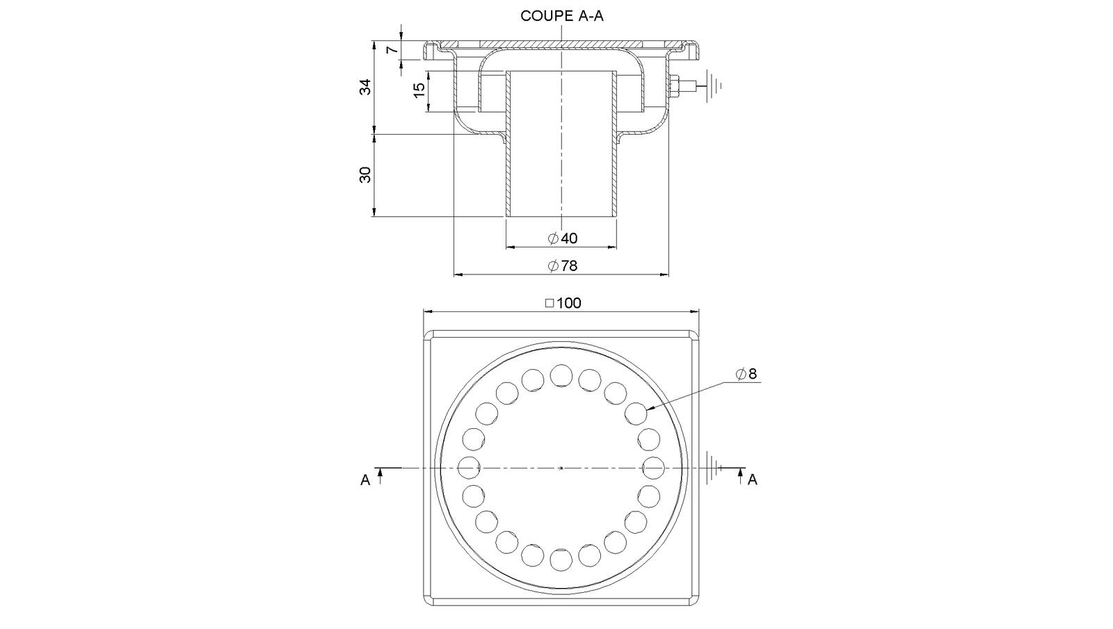 Schéma - 1040/6 - Floor drain trap 100x100 with a vertical outlet 40 mm