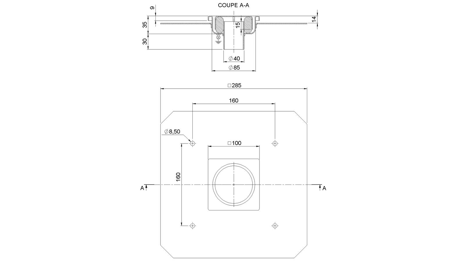 Schéma - 1040FBD - Siphon 100x100 sortie verticale 40 mm