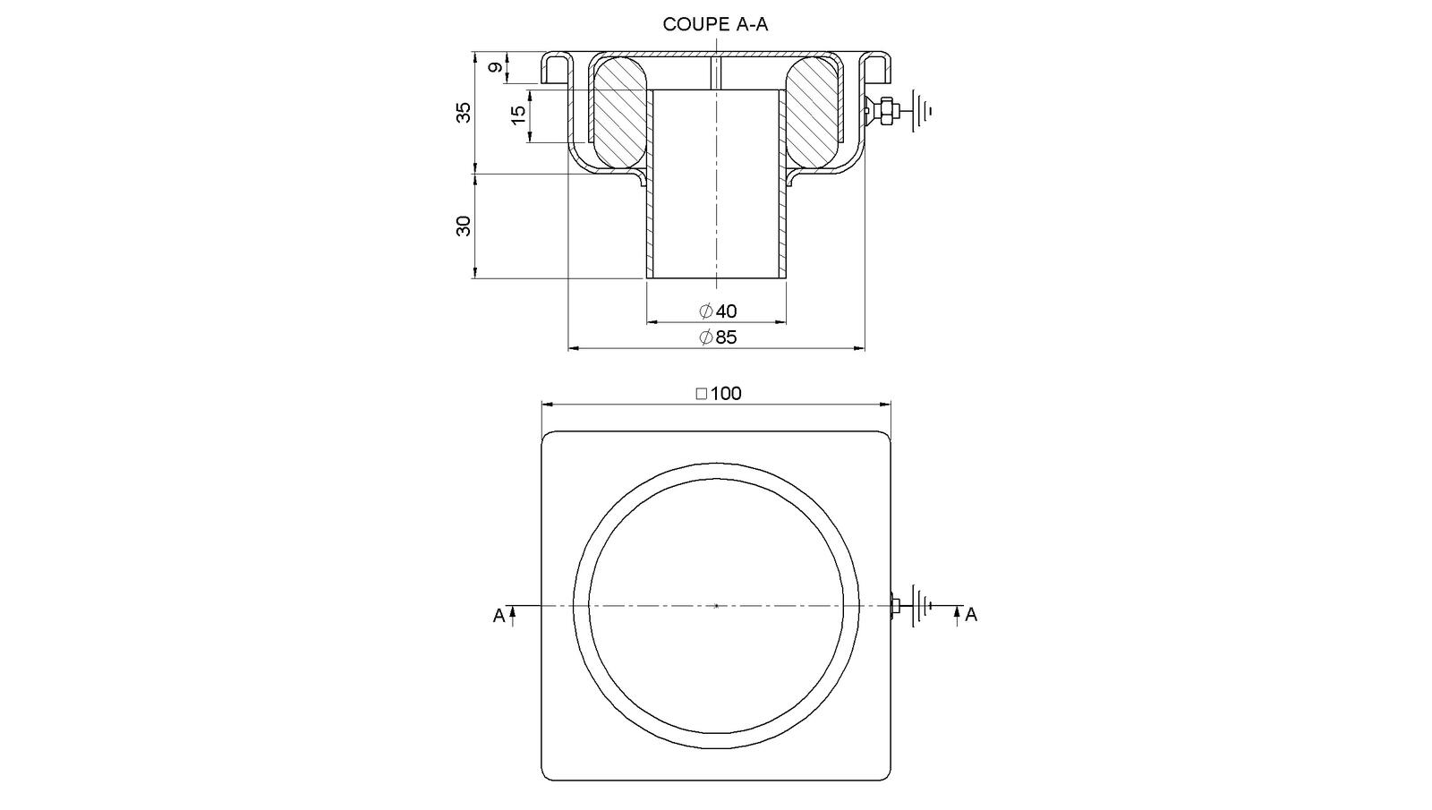 Schéma - 1040FB - Siphon 100x100 sortie verticale 40 mm