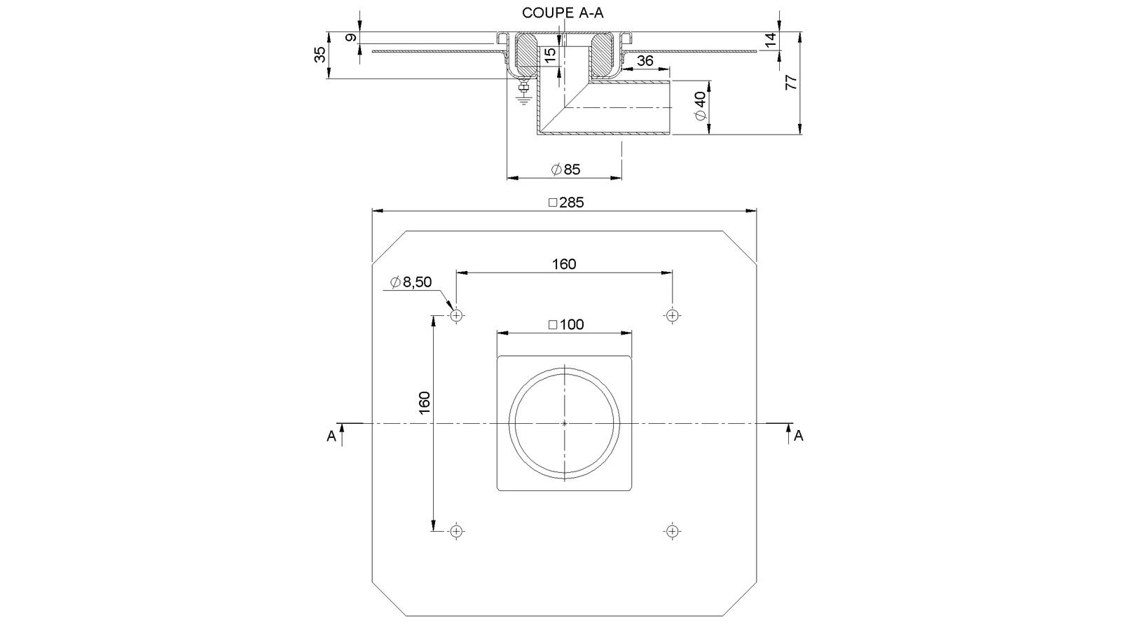 Schéma - 1040FBLD - Floor drain trap 100x100 with a side outlet 40 mm