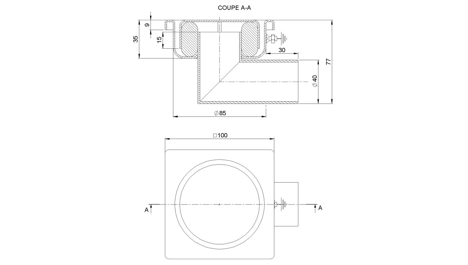 Schéma - 1040FBL - Siphon 100x100 sortie latérale 40 mm