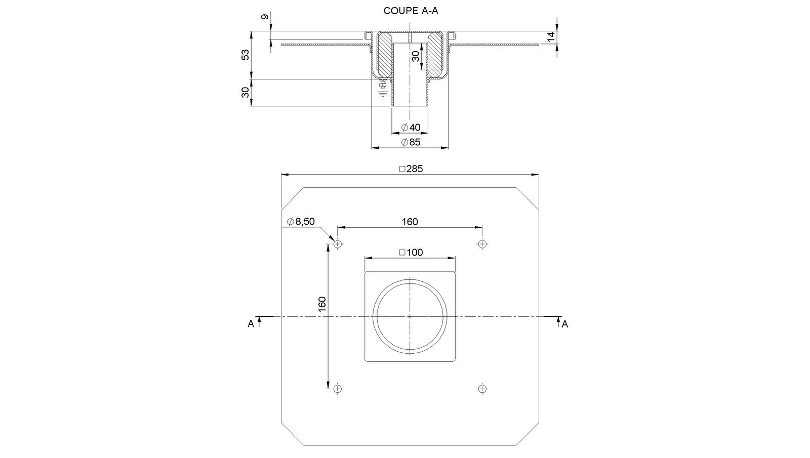 Schéma - 1040FD - Siphon 100x100 sortie verticale 40 mm