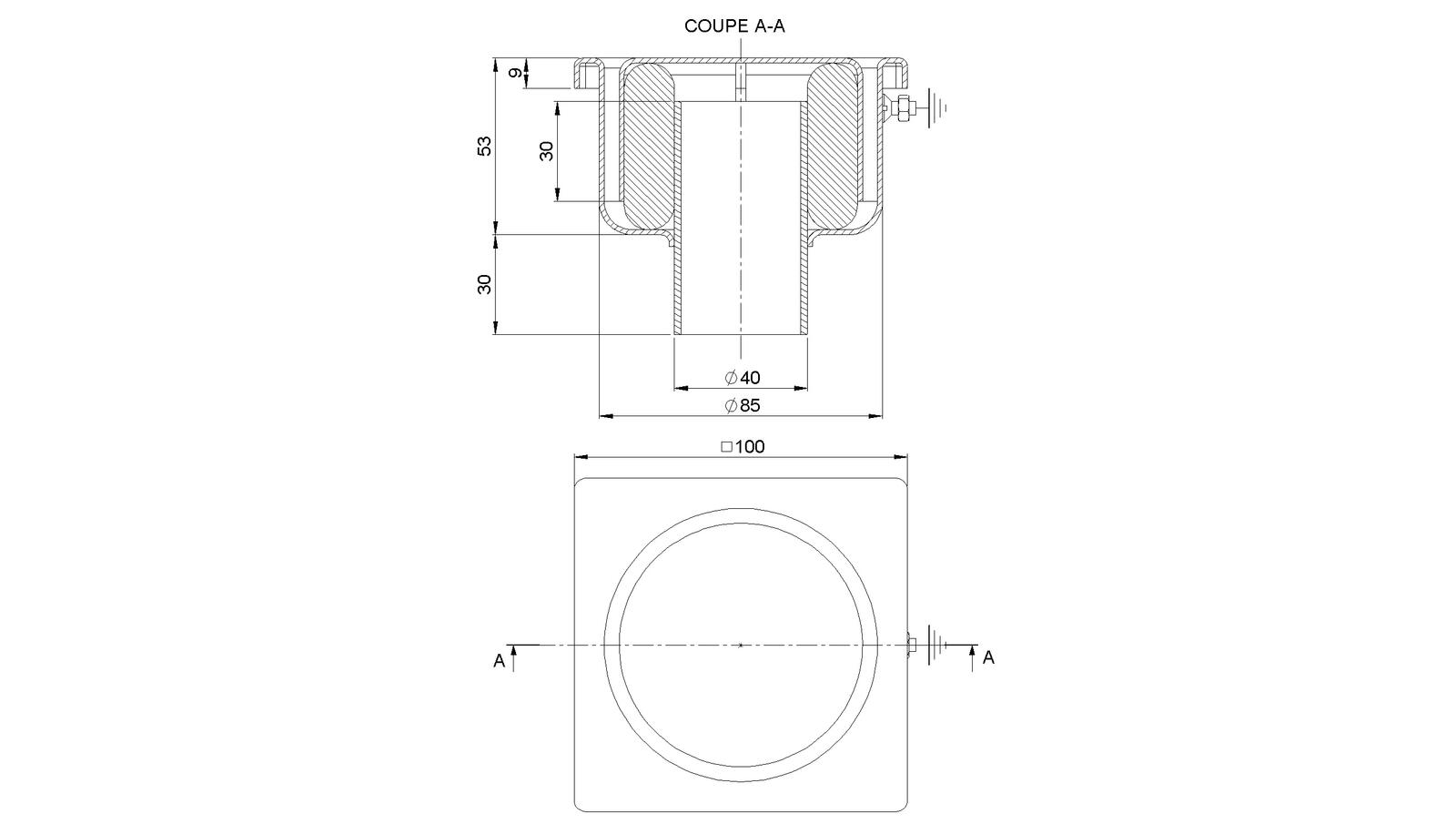 Schéma - 1040F - Siphon 100x100 sortie verticale 40 mm