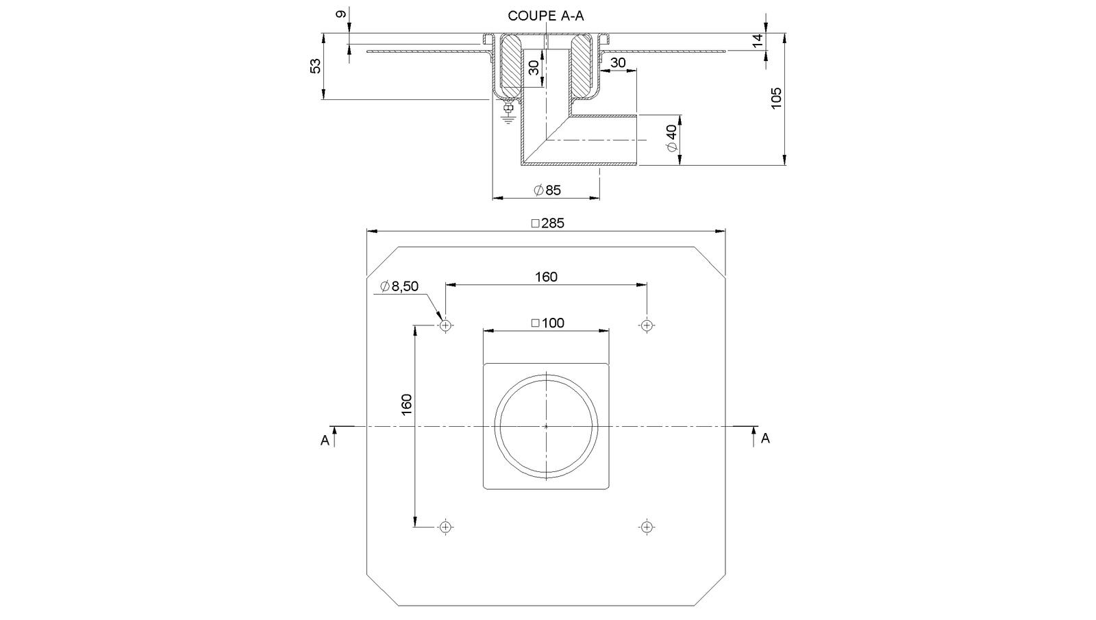 Schéma - 1040FLD - Siphon 100x100 sortie latérale 40 mm