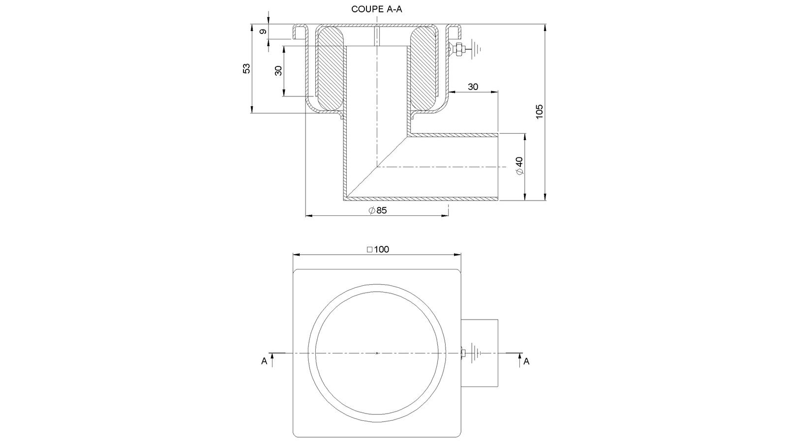 Schéma - 1040FL - Floor drain trap 100x100 with a side outlet 40 mm