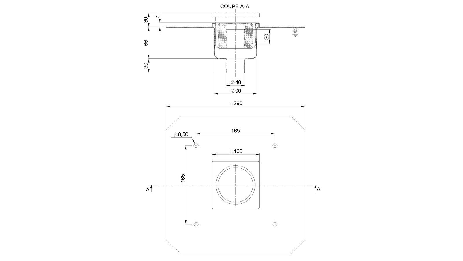 Schéma - 1040FT - Floor drain trap 100x100 with a vertical outlet 40 mm