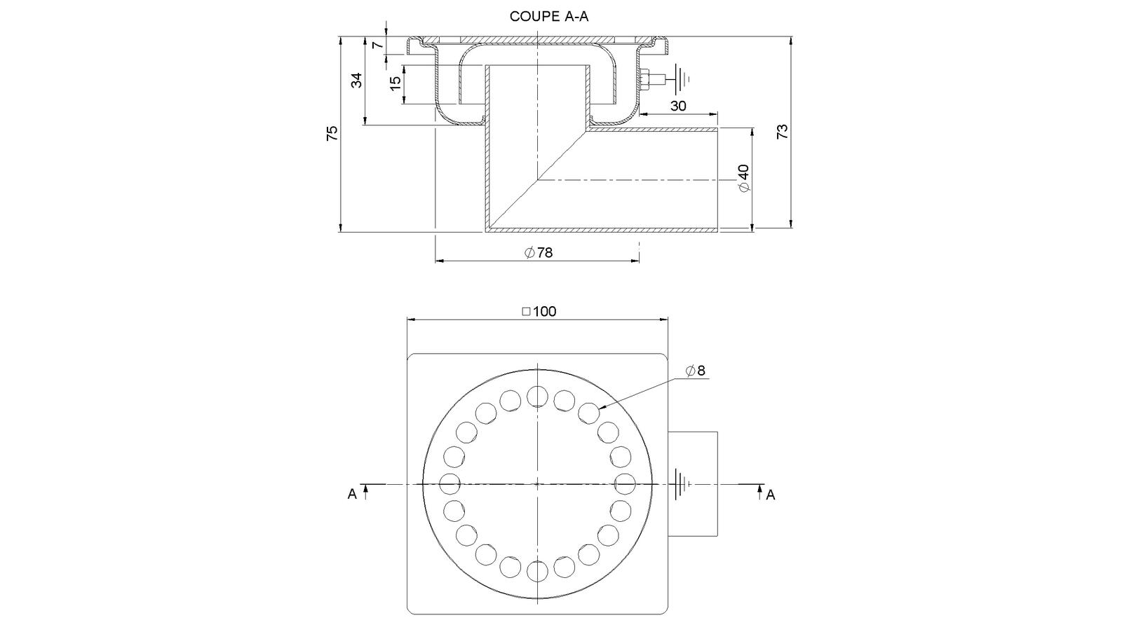 Schéma - 1040L - Siphon 100x100 sortie latérale 40 mm