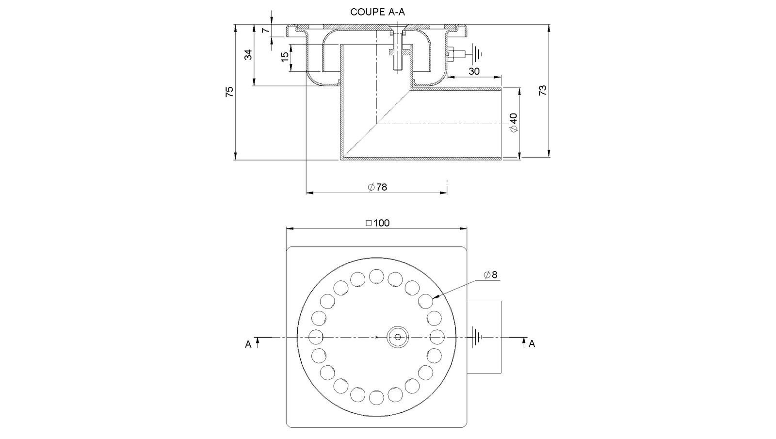 Schéma - 1040LV - Siphon 100x100 sortie latérale 40 mm