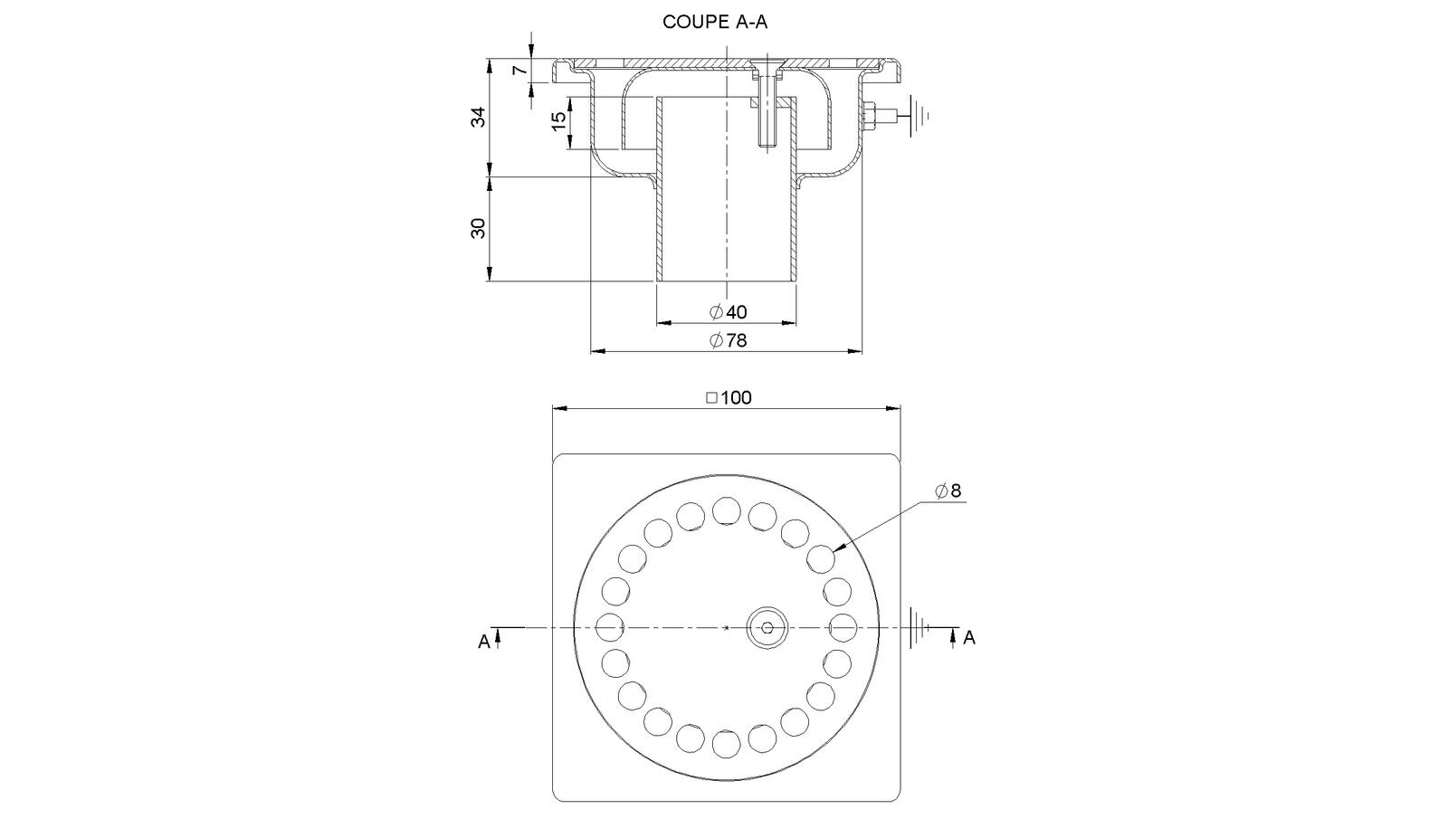 Schéma - 1040V - Siphon 100x100 sortie verticale 40 mm