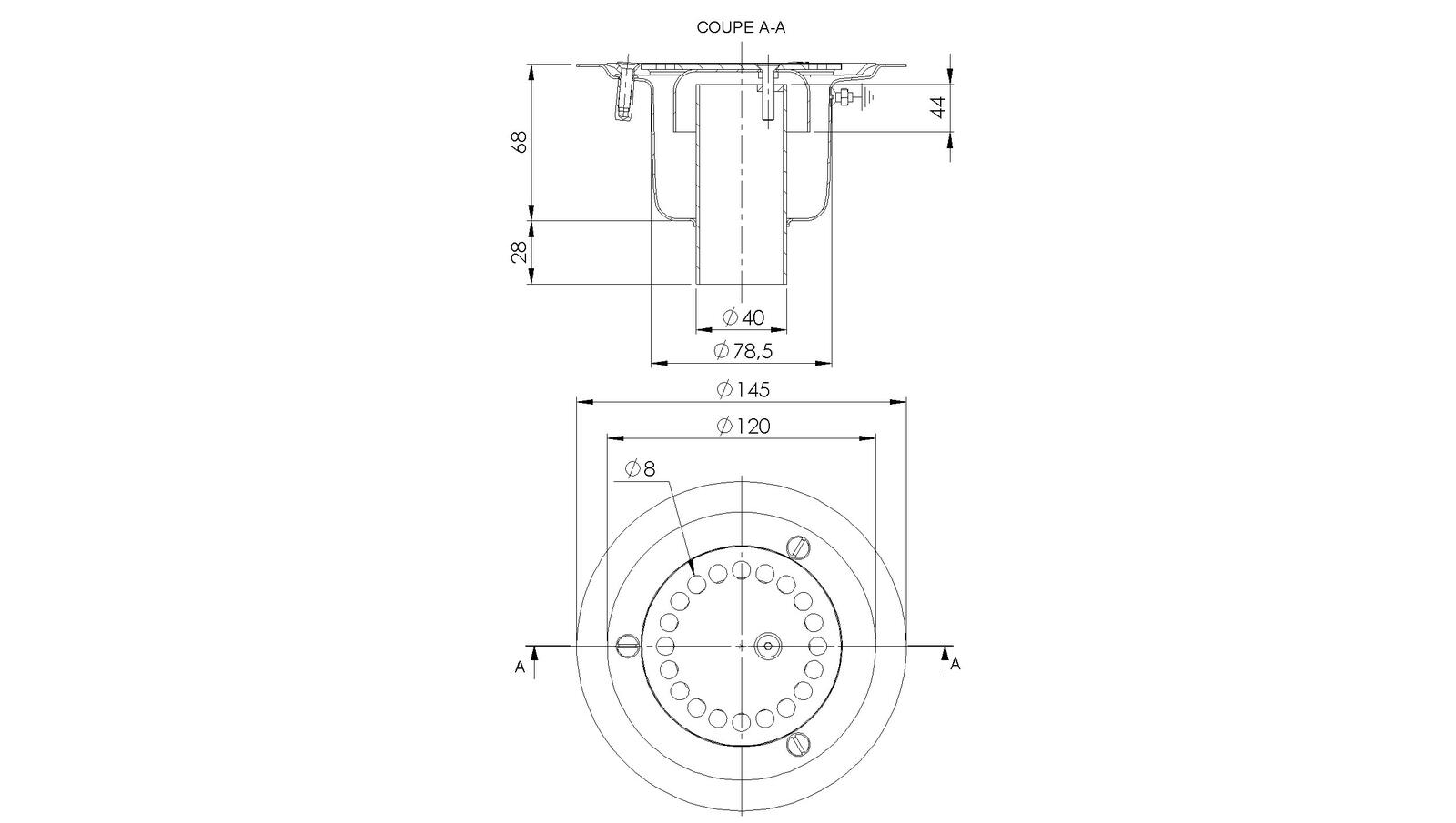 Round floor drain trap Ø145 mm with a vertical outlet 40 mm