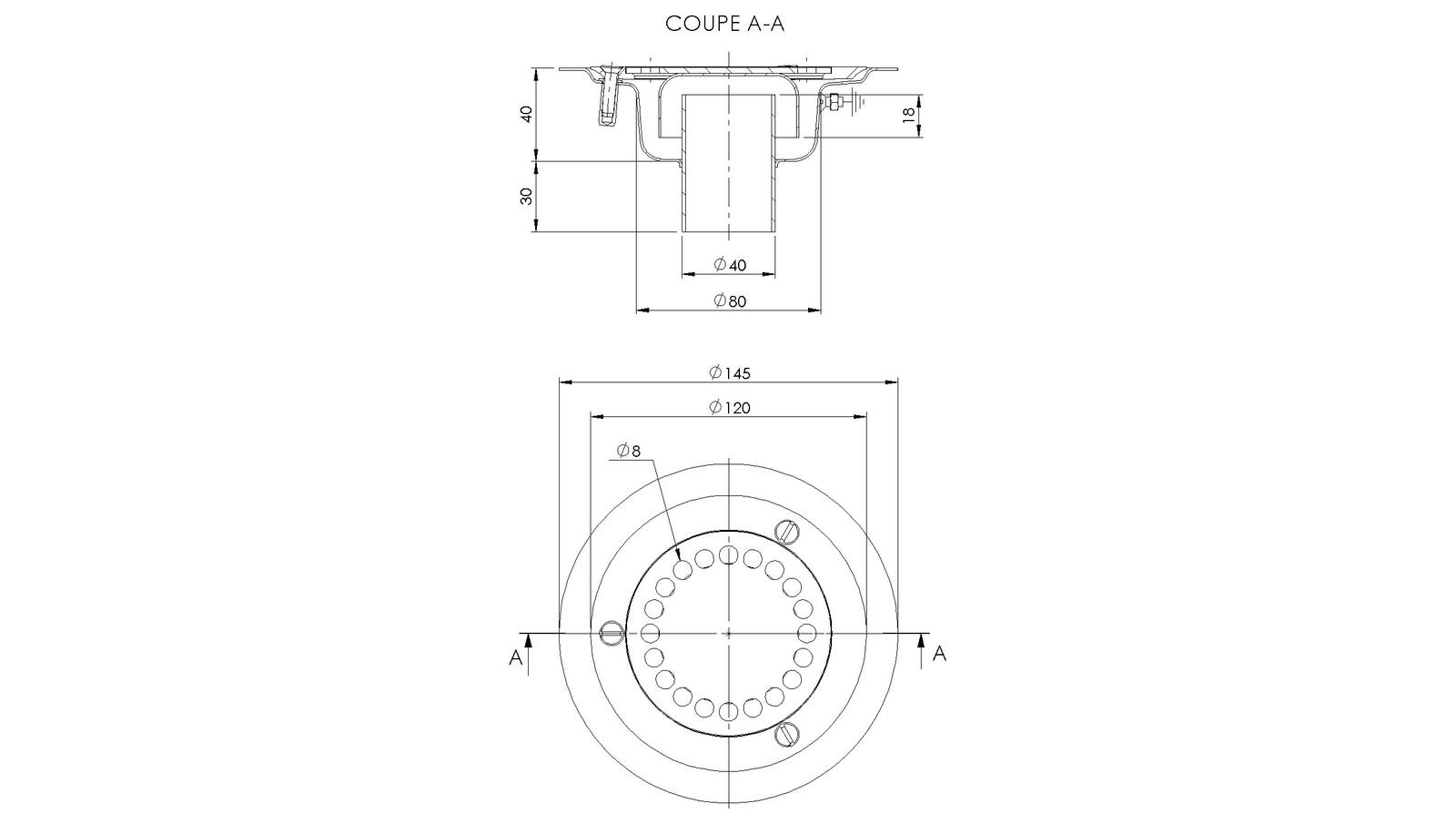 Schéma - 1440 - Siphon rond Ø 145 mm sortie verticale 40 mm