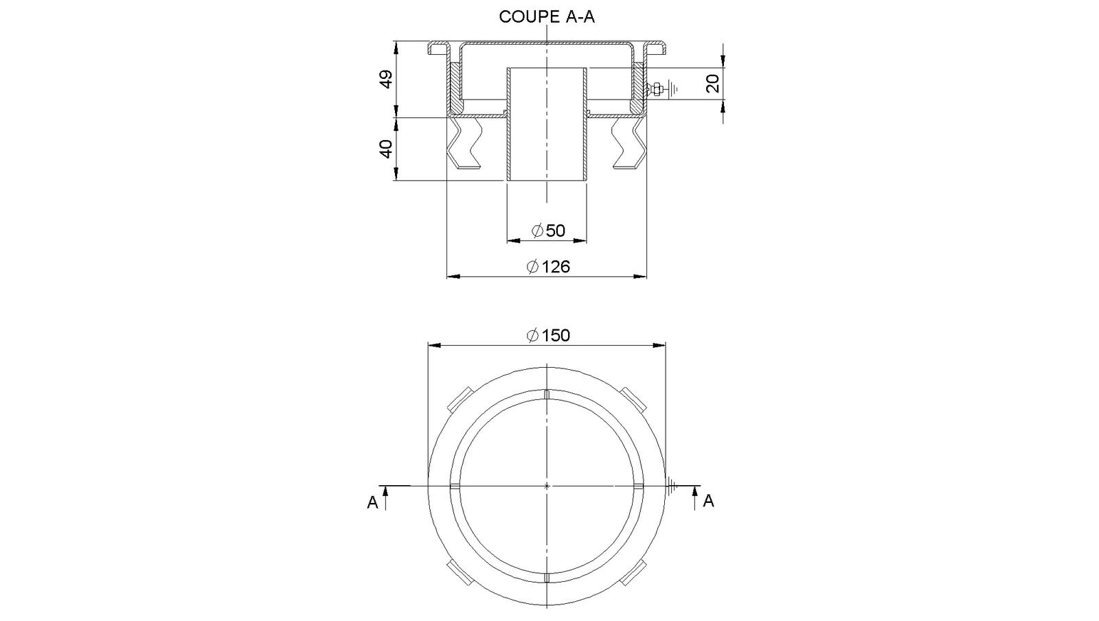 Schéma - 1550CFB - Round floor drain trap Ø150 mm vertical outlet 50 mm