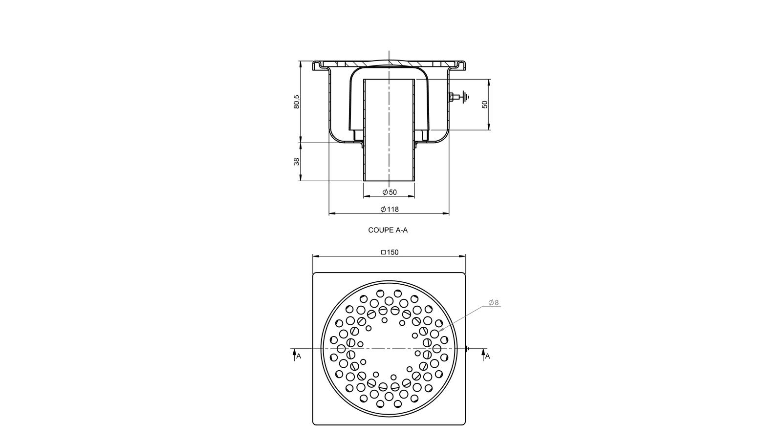 Schéma - 1550 - Floor drain trap 150x150 with a vertical outlet 50 mm