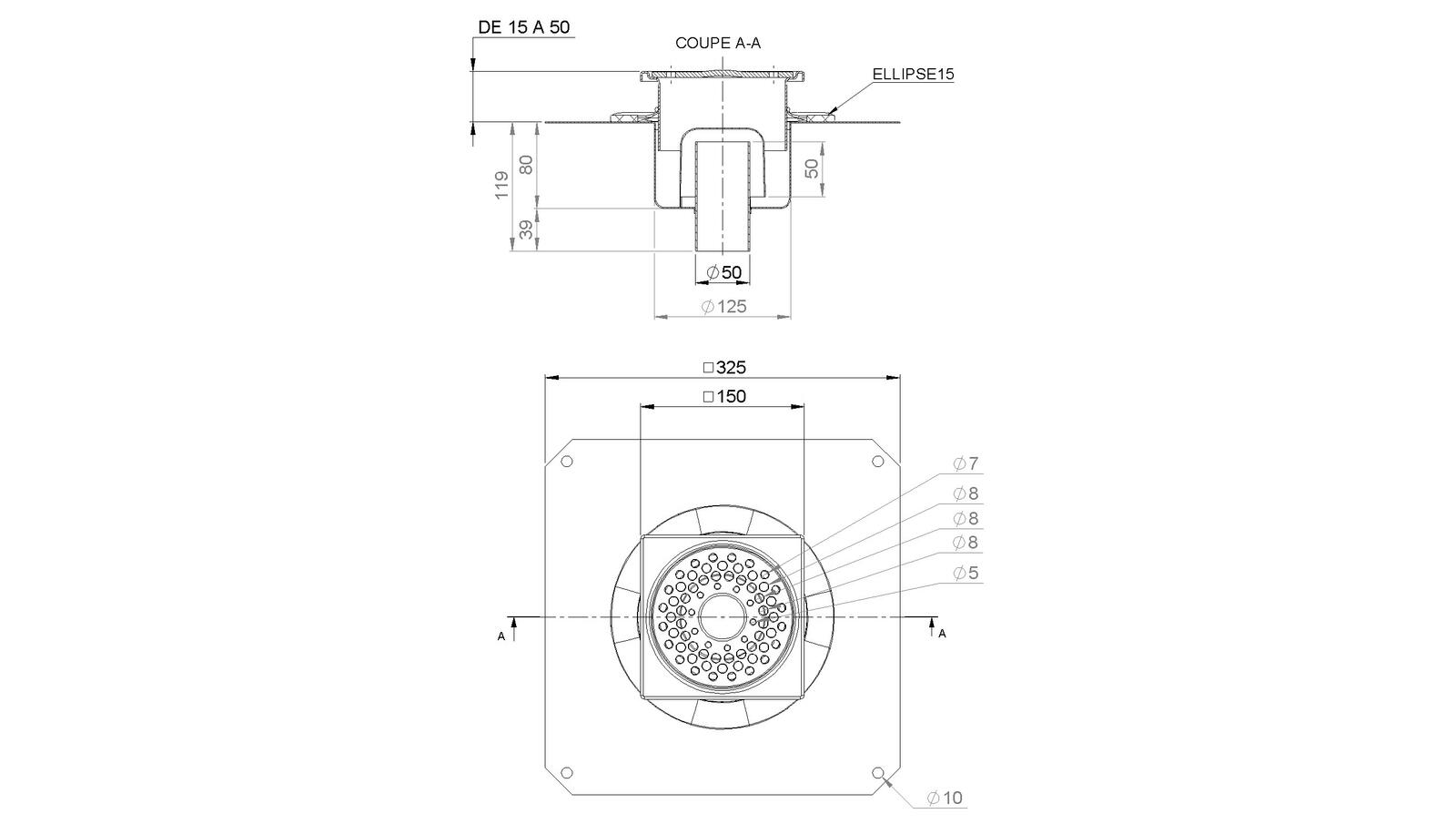 Schéma - 1550RBD - Siphon 150x150 sortie verticale 50 mm