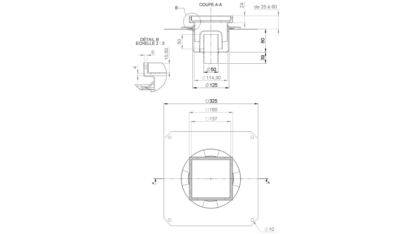 Schéma - 1550RBDG - Floor drain trap 150x150 with a vertical outlet 50 mm