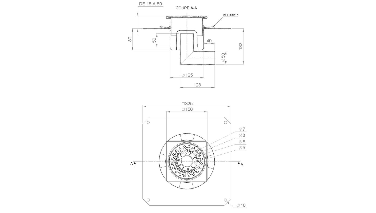 Schéma - 1550RBLD - Siphon 150x150 sortie latérale 50 mm