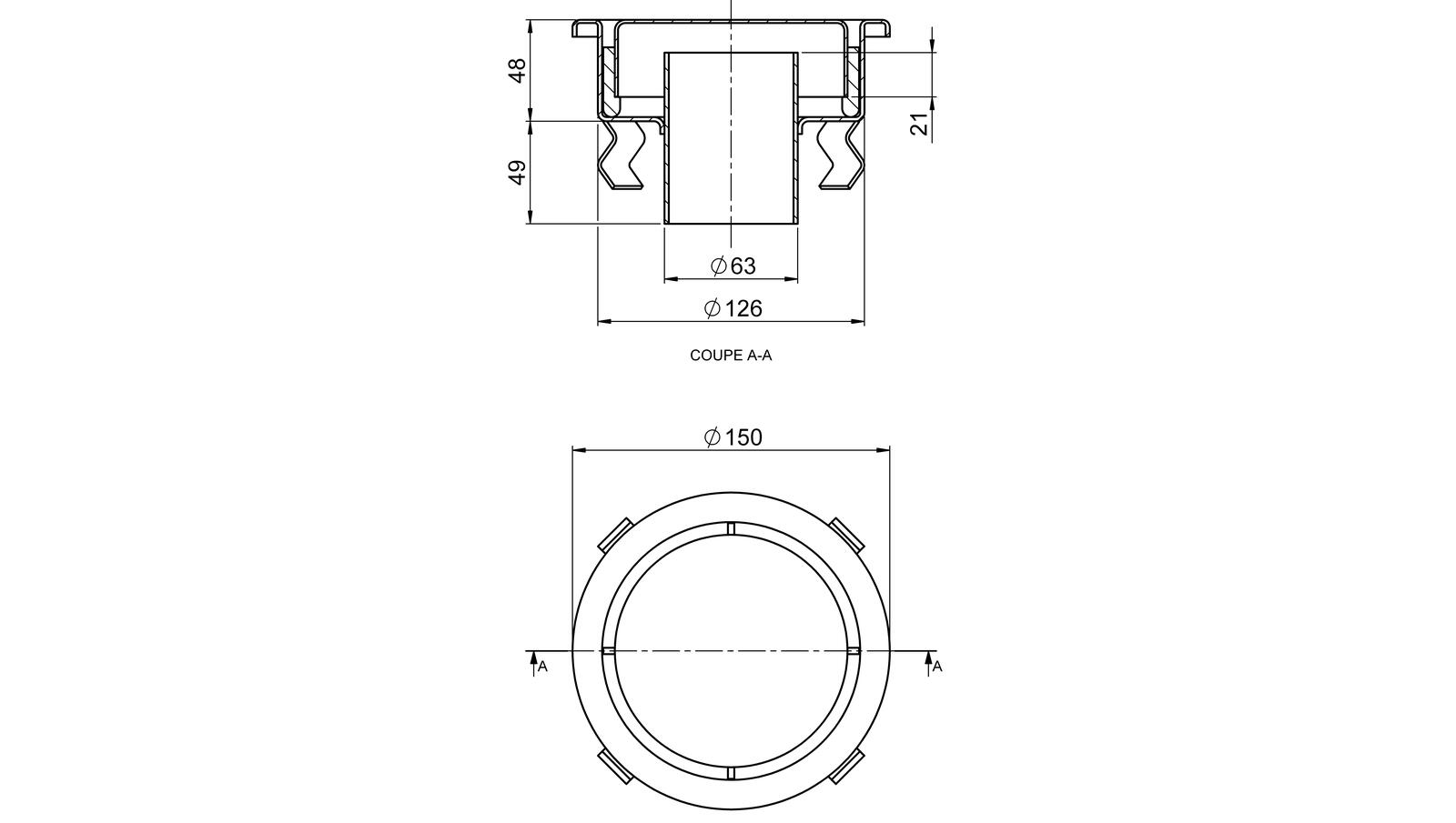 Schéma - 1563CFB - Siphon rond Ø 150 mm sortie verticale 63 mm