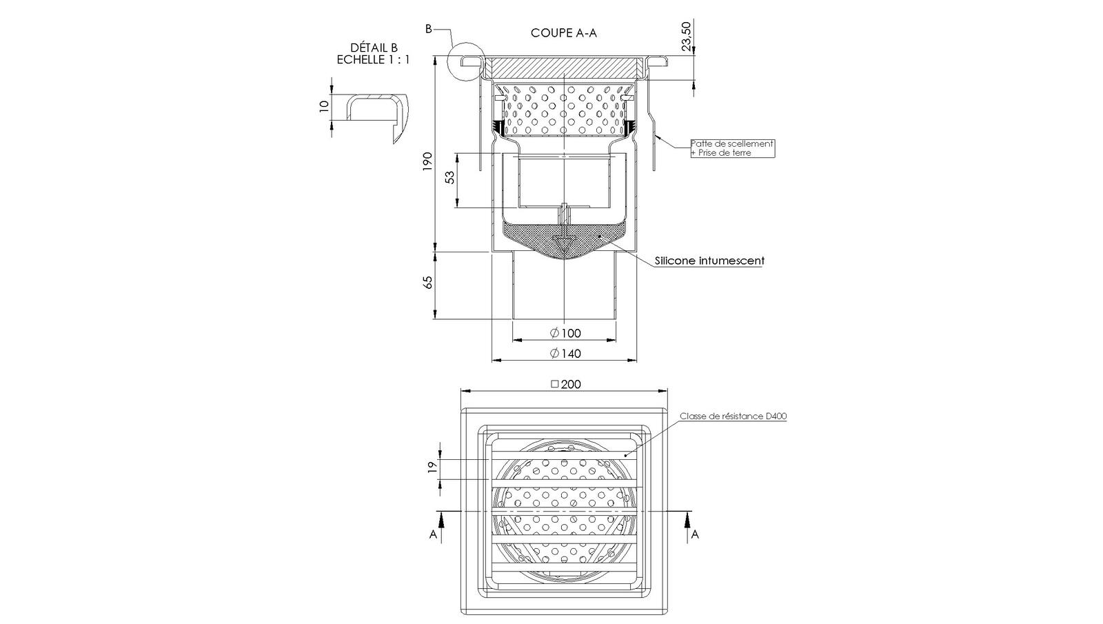 Schéma - 20100IPB-FEU - Floor drain trap 200x200 with a vertical outlet 100 mm