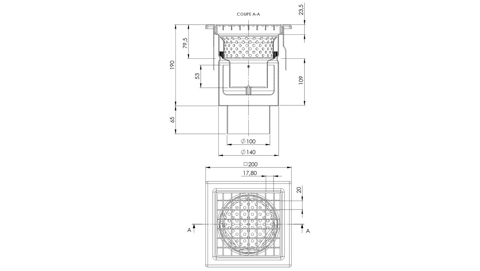 Schéma - 20100IP - Floor drain trap 200x200 with a vertical outlet 100 mm