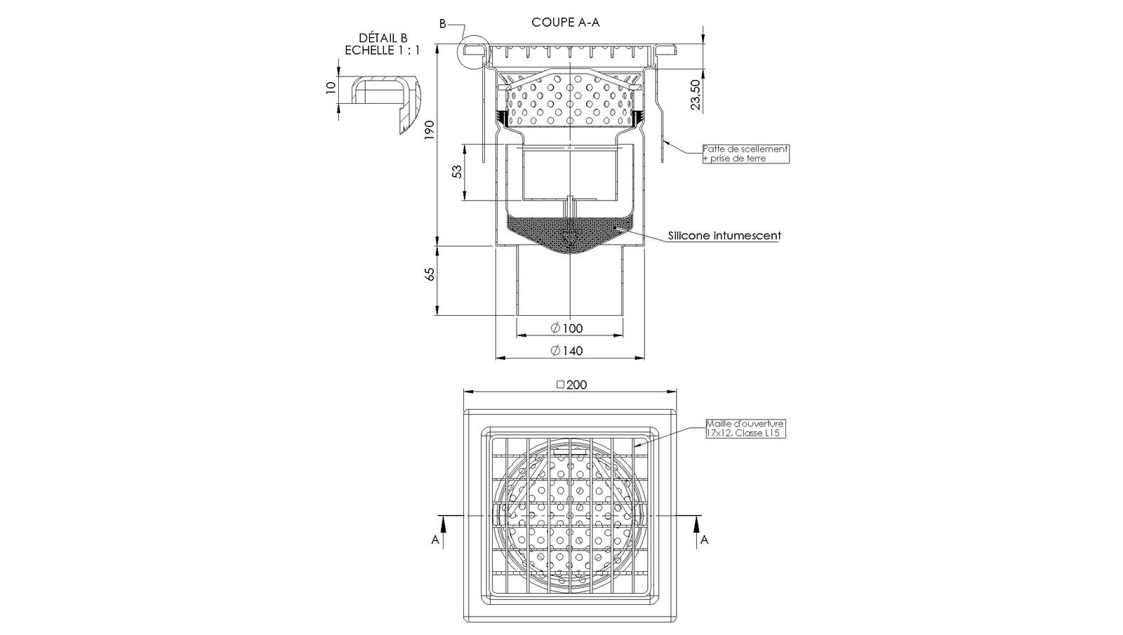 Schéma - 20100IP-FEU - Siphon 200x200 sortie verticale 100 mm