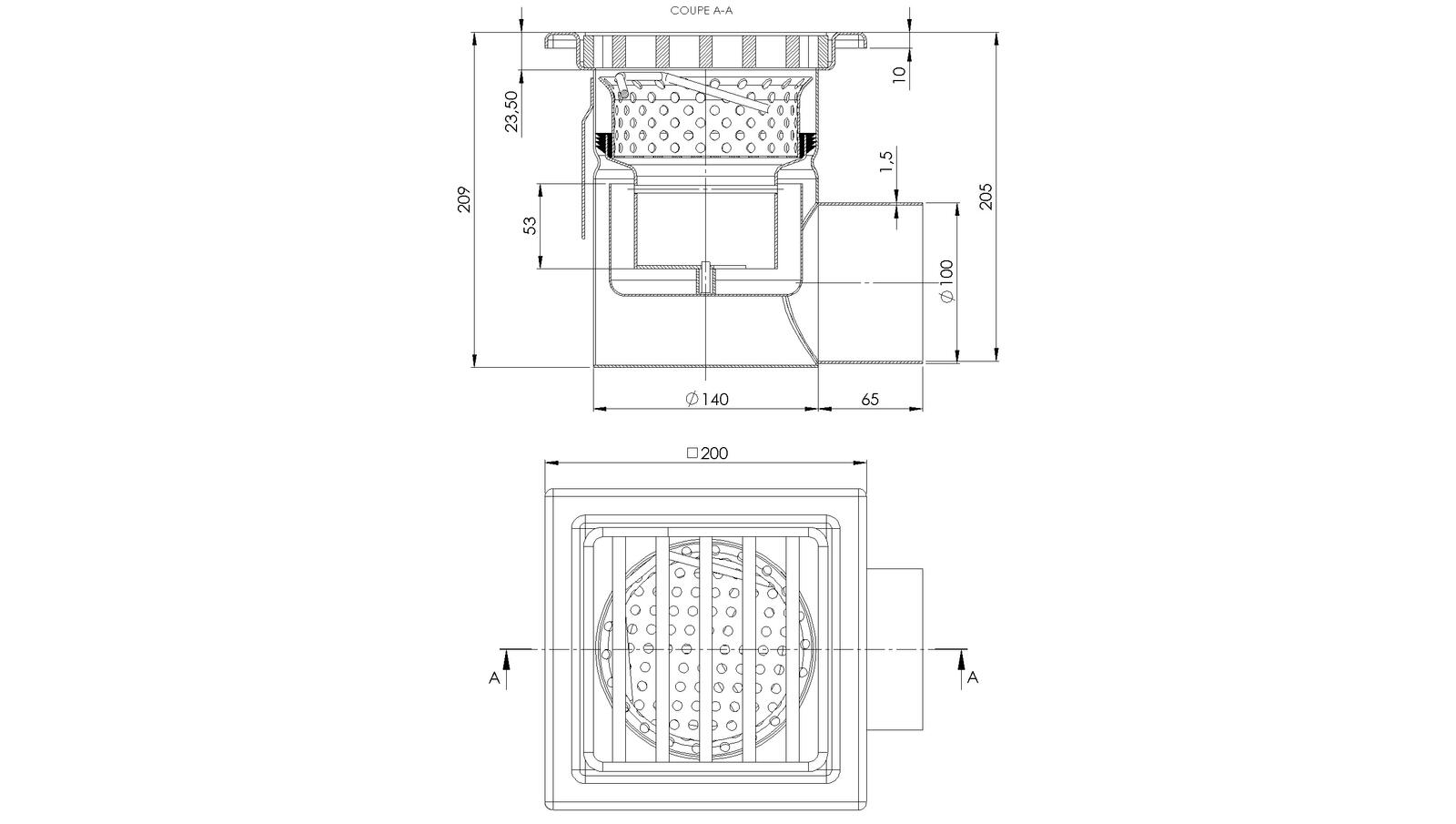 Schéma - 20100IPLB - Floor drain trap 200x200 with a side outlet 100 mm