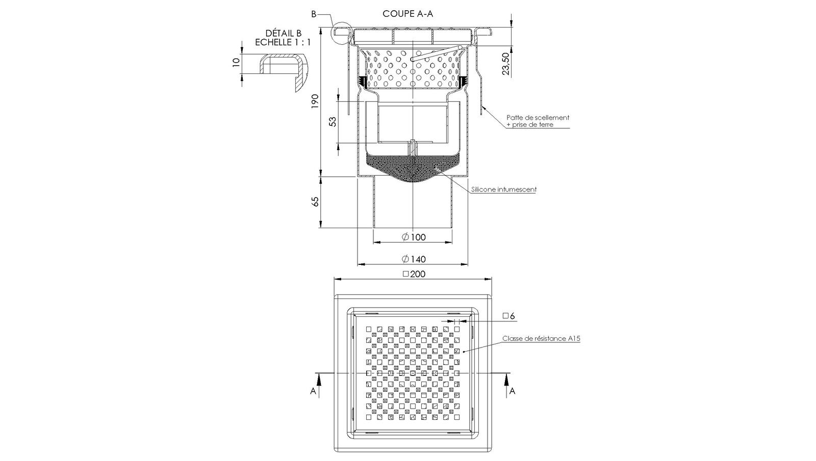 Schéma - 20100IPS-FEU - Floor drain trap 200x200 with a vertical outlet 100 mm