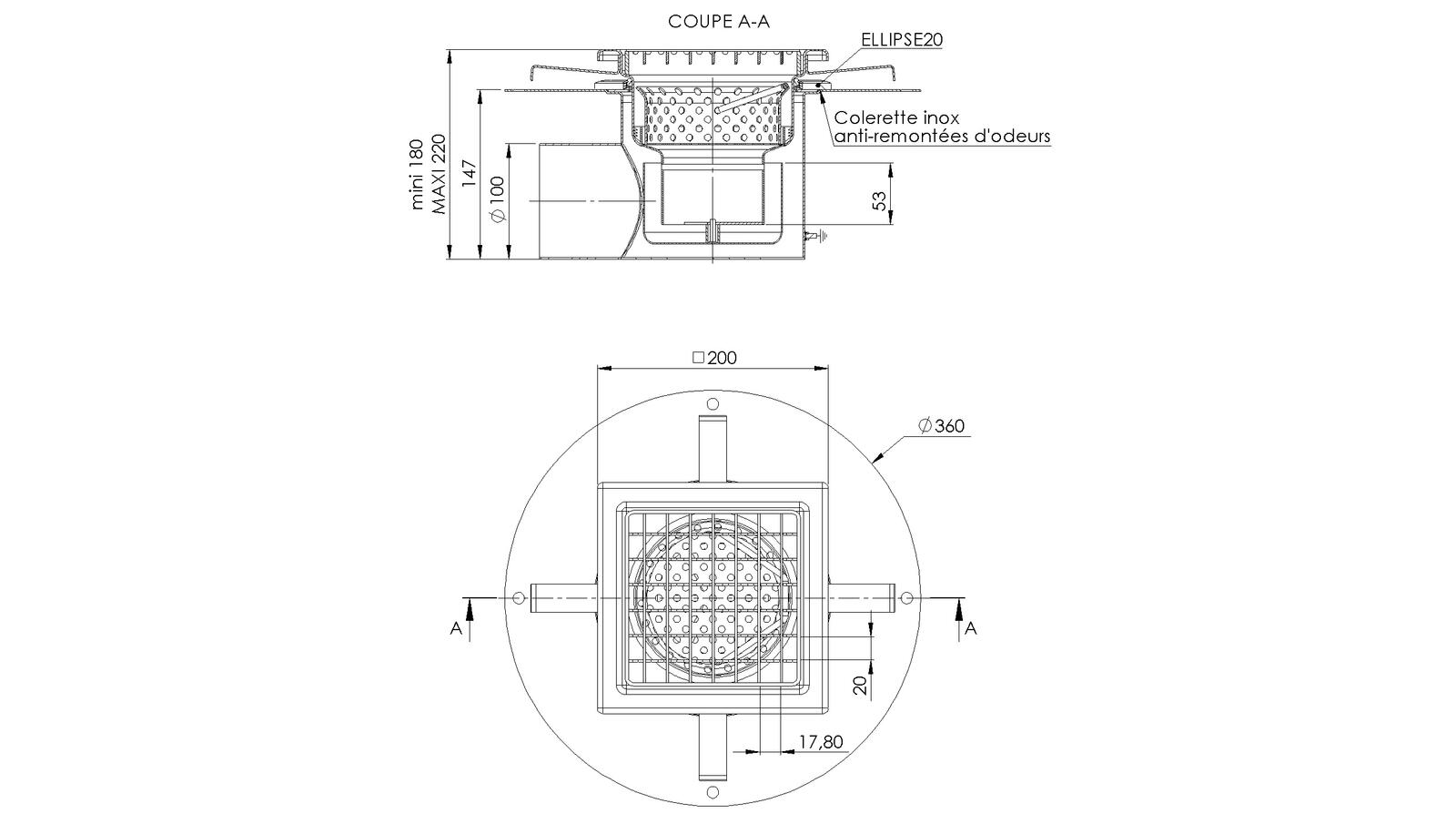 Schéma - 20100ITLP - Floor drain trap 200x200 with a side outlet 100 mm