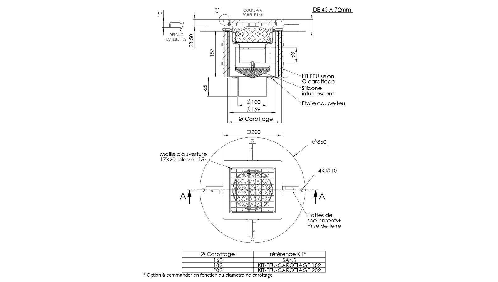 Schéma - 20100ITP-FEU - Floor drain trap 200x200 with a vertical outlet 100 mm