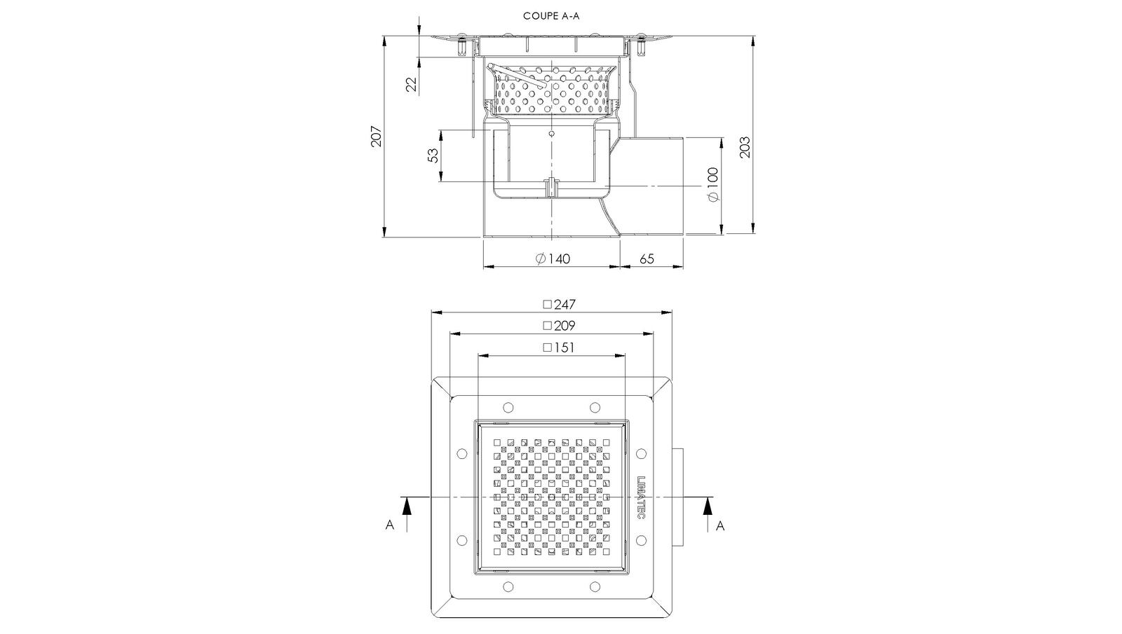 Schéma - 20100ZILPS - Floor drain trap 247x247 with a side outlet 100 mm