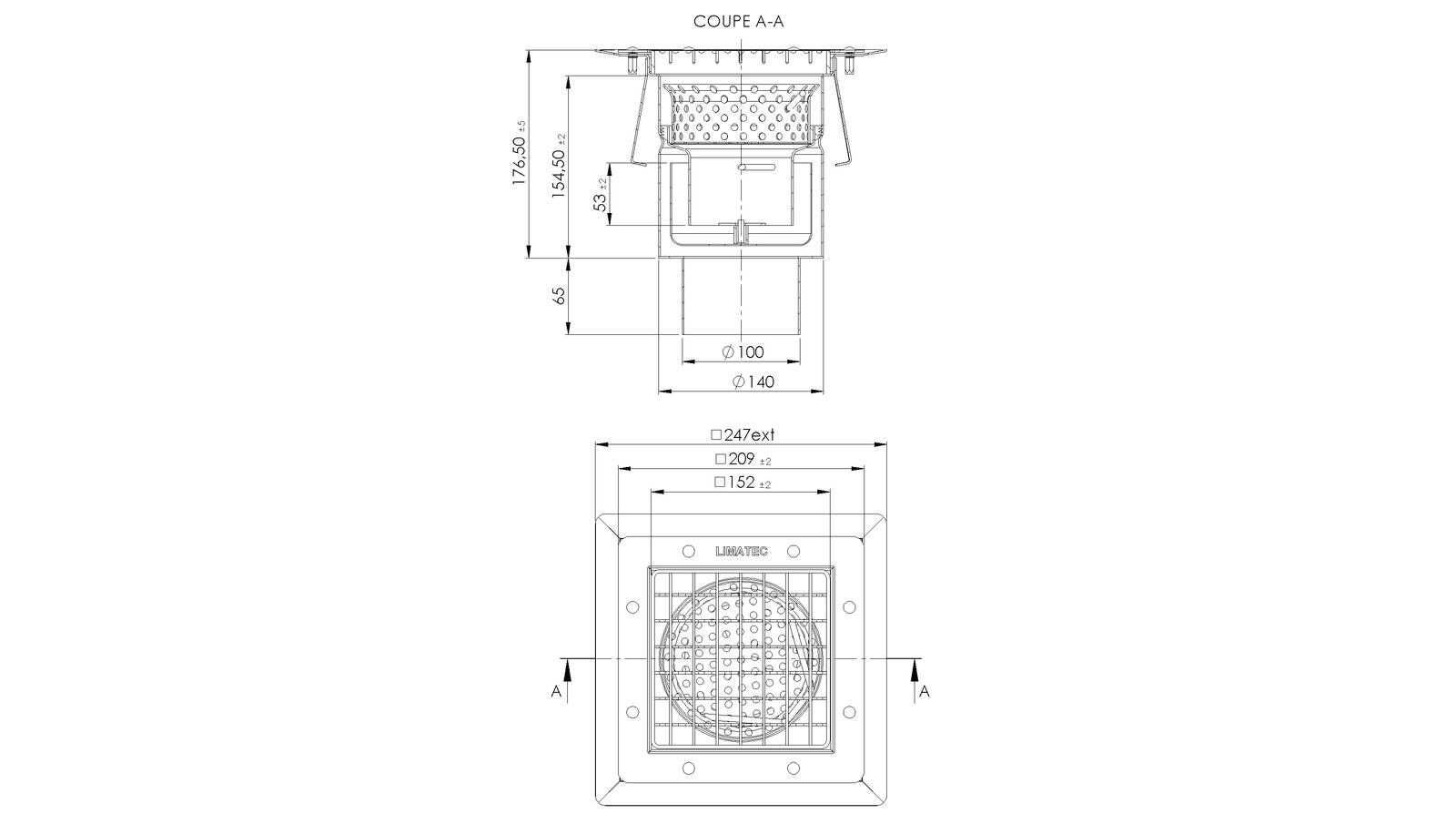 Schéma - 20100ZIP - Floor drain trap 247x247 with a vertical outlet 100 mm