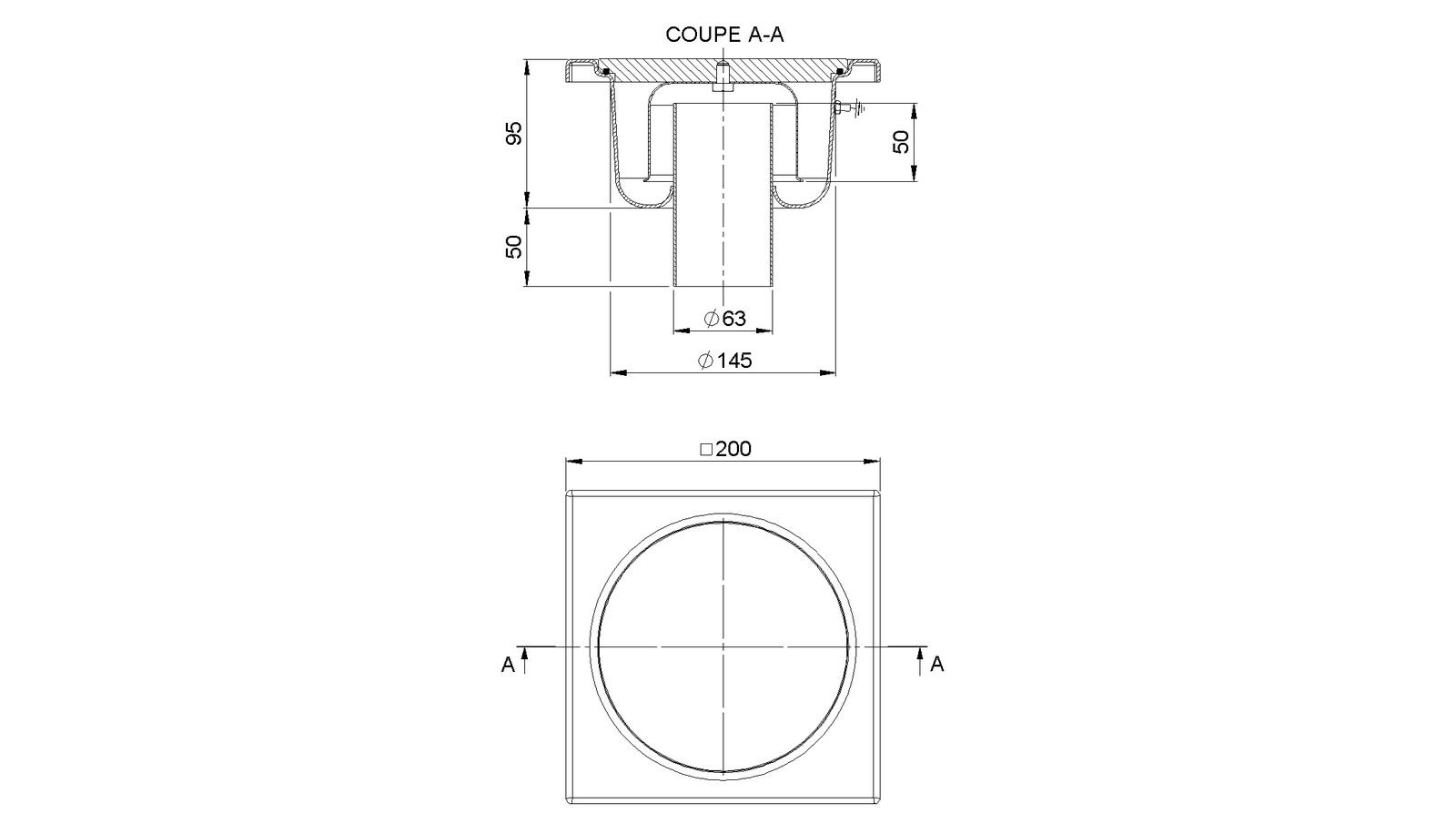 Schéma - 2063AJC - Siphon 200x200 sortie verticale 63 mm